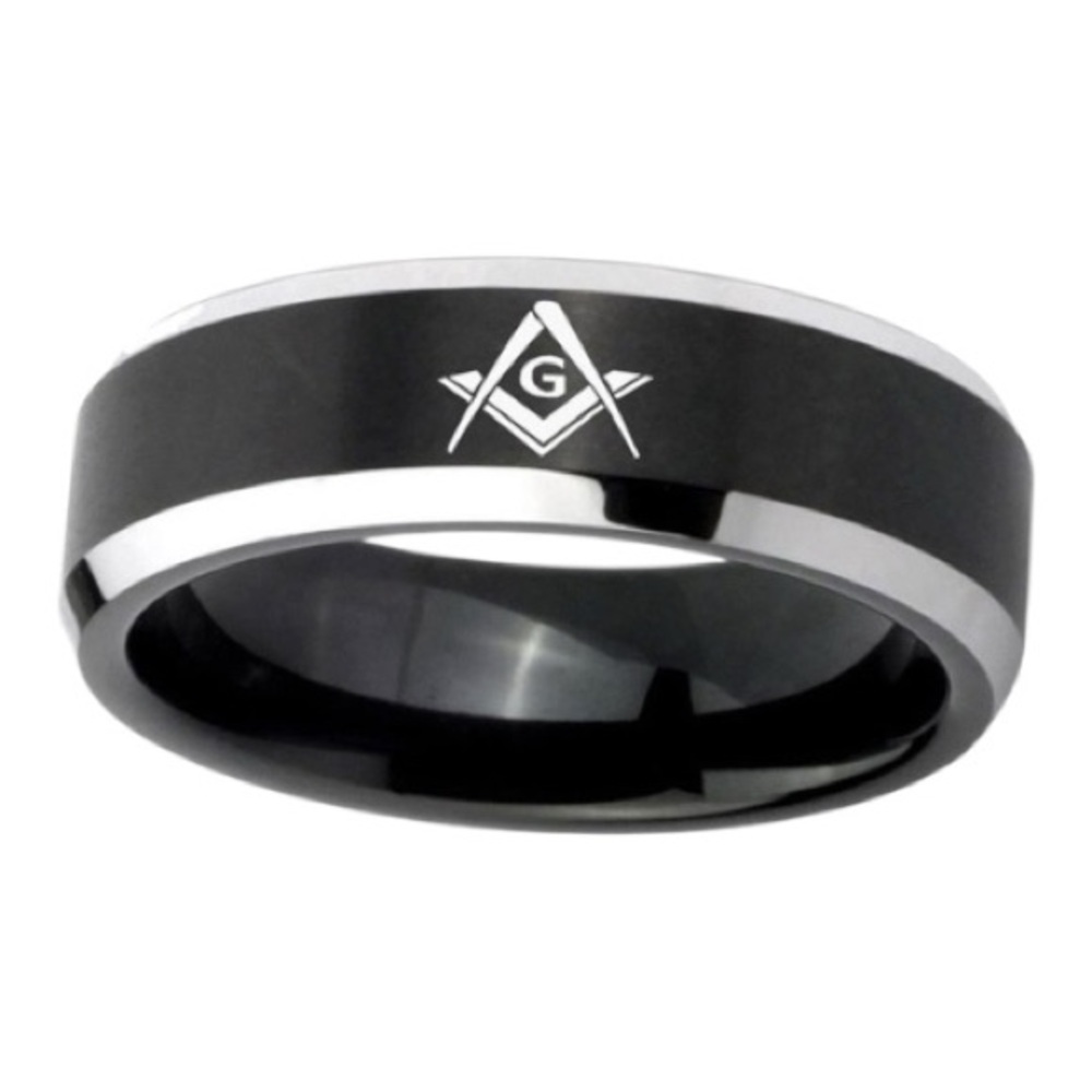 Freemason Masonic Tungsten Carbide Black Silver 8mm Beveled Ring